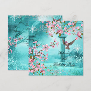 Invitación Cumpleaños Pájaro Flor de Color Rosa Verde Teal As