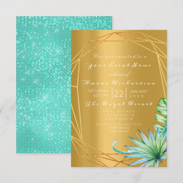 Invitación Cumpleaños Palm Bridal Mint Aqua Tropic Frame Gold (Anverso / Reverso)