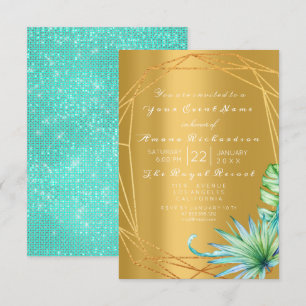 Invitación Cumpleaños Palm Bridal Mint Aqua Tropic Frame Gold