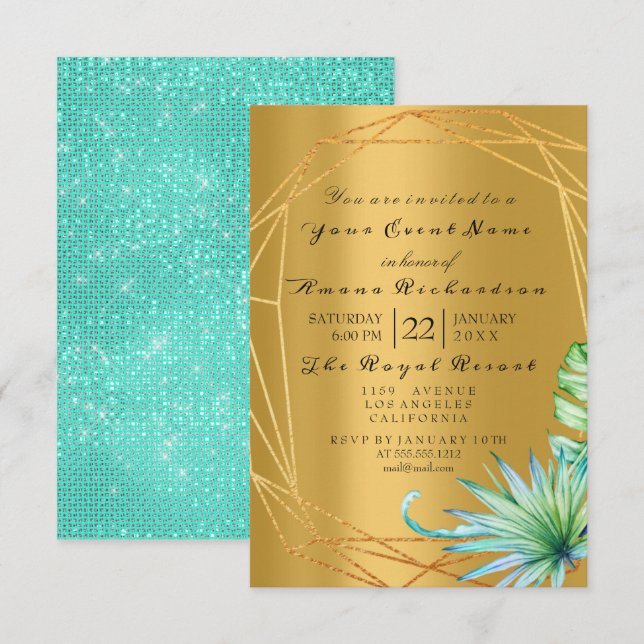 Invitación Cumpleaños Palm Bridal Mint Aqua Tropic Monstera G (Anverso / Reverso)