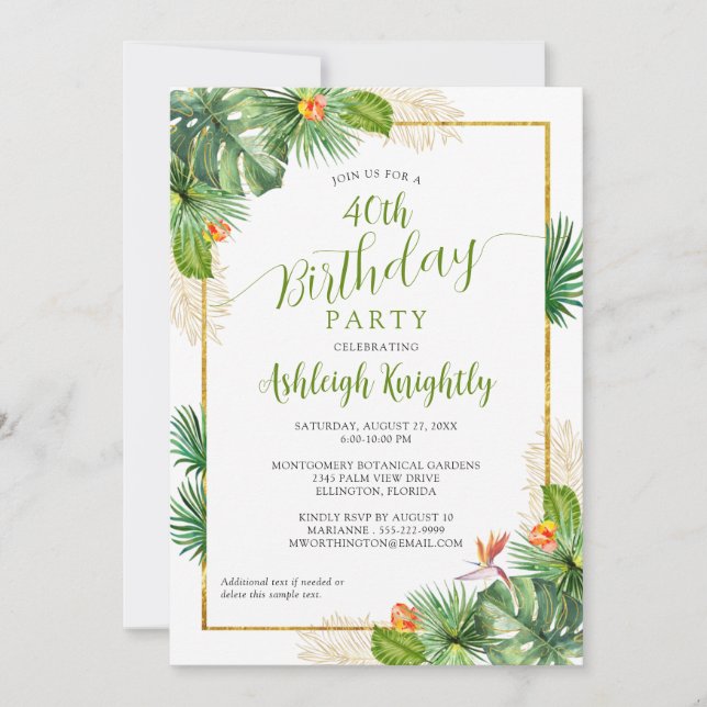 Invitación Cumpleaños Palm Tropical Botánica Floral Oro Verde (Anverso)