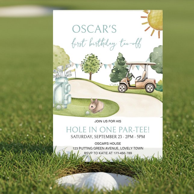 Invitación Cumpleaños Par-tee con tema de golf Hole in One pa (Hole in one 1st Birthday Par-tee invitation. Tee-off your celebrations with this cute invite!)