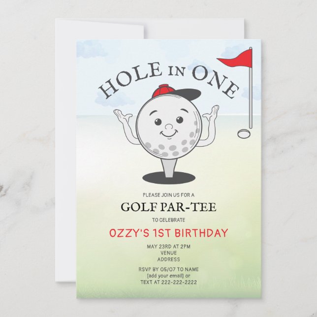 Invitación Cumpleaños Par-Tee de Golf Agujero en Uno 1er (Anverso)