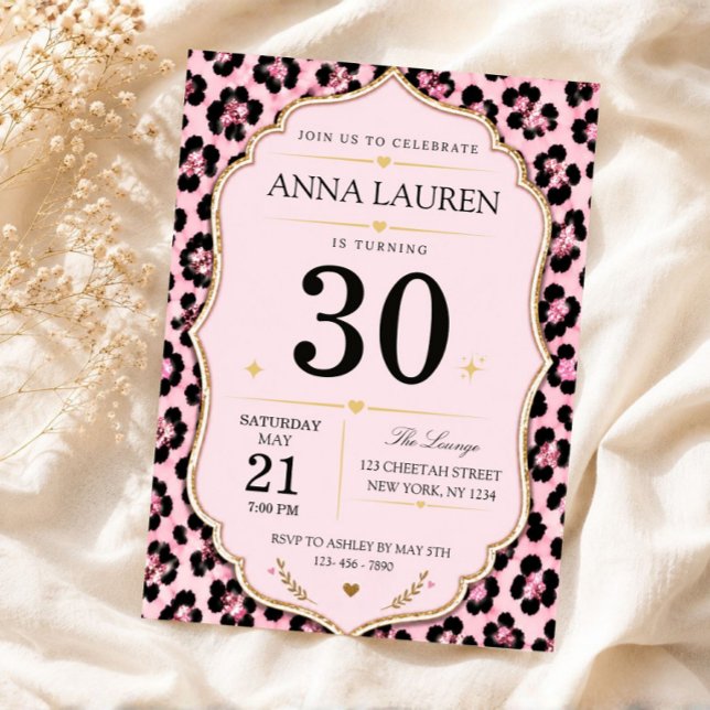 Invitación Cumpleaños para Todas las Edades con Estampado de  (30th birthday invitation, pink leopard invite, animal print birthday, chic birthday invite, blush pi)