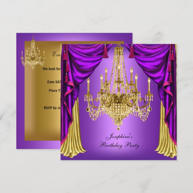 Invitación Cumpleaños Party Purple Gold Chandelier Drapes (Anverso / Reverso)