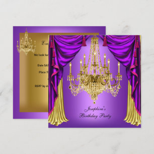 Invitación Cumpleaños Party Purple Gold Chandelier Drapes