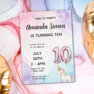 Invitación Cumpleaños Pastel Acuarela Unicornio Niña 10