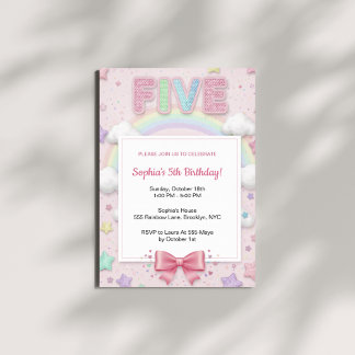 Invitación Cumpleaños pastel arcoíris lentejuelas brillo niña