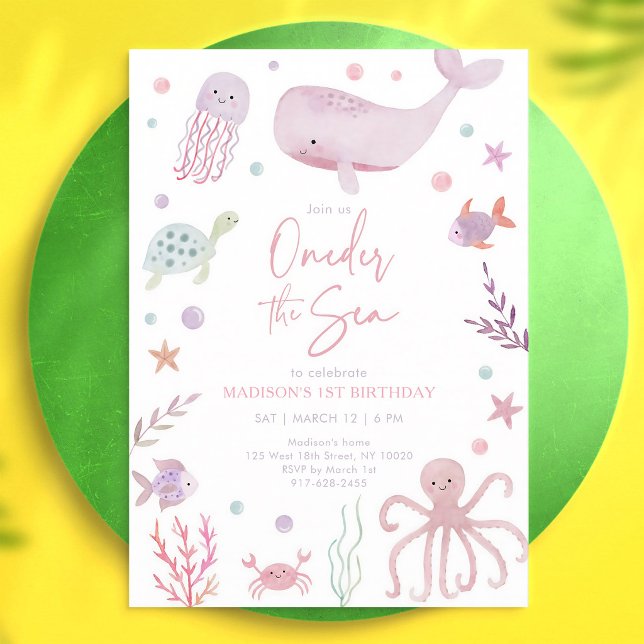 Invitación Cumpleaños Pastel Bajo el Mar Rosa 1er (Subido por el creador)