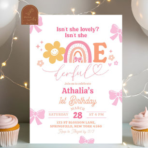 Invitación Cumpleaños Pastel Retro Arcoíris Onederful 1er
