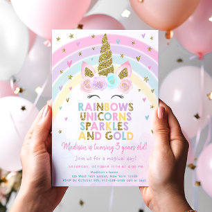 Invitación Cumpleaños Pastel Unicornio Arcoíris Brillante