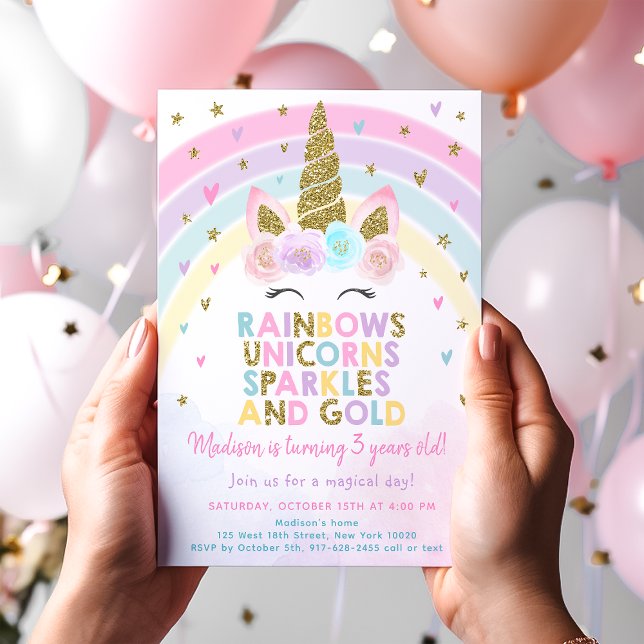 Invitación Cumpleaños Pastel Unicornio Arcoíris Brillante (Subido por el creador)