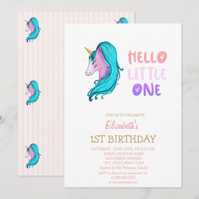 Invitación Cumpleaños Pastel Unicornio Rayado Hola Pequeño Un (Anverso / Reverso)