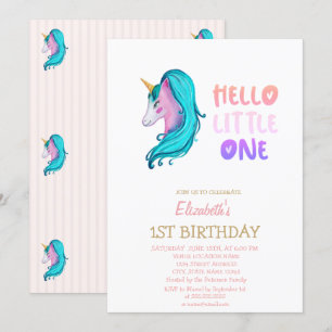 Invitación Cumpleaños Pastel Unicornio Rayado Hola Pequeño Un