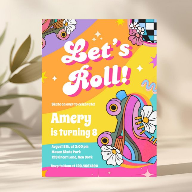Invitación Cumpleaños Patines Retro Coloridos (roller skate birthday invite, retro birthday invitation, skate party invite, lets roll invitation, d)