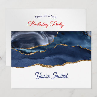 Invitación Cumpleaños Patriótico Azul Ágata Dorada