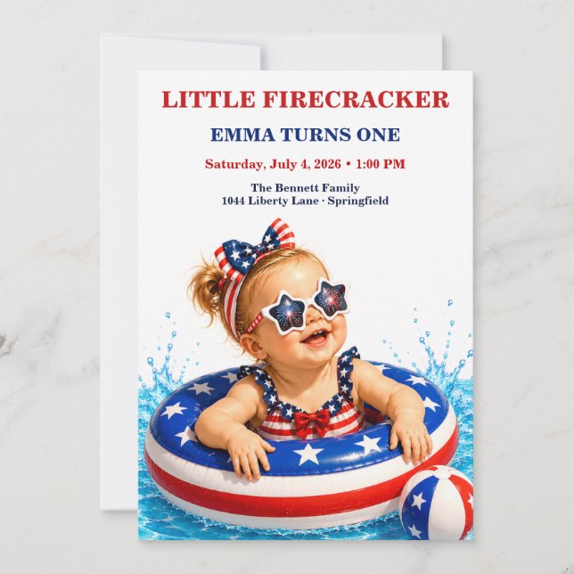 Invitación Cumpleaños Patriótico de Little Firecracker 1er  (Anverso)