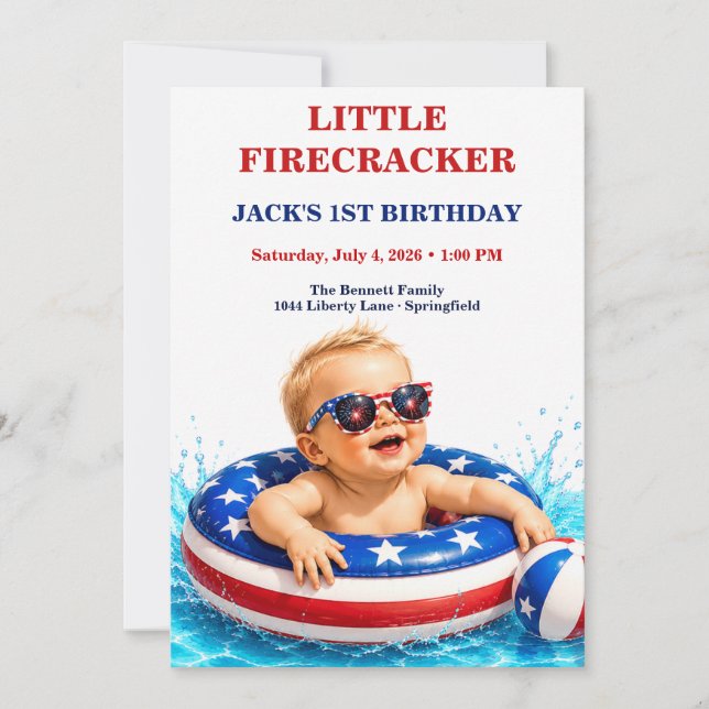 Invitación Cumpleaños Patriótico de Little Firecracker 1er  (Anverso)