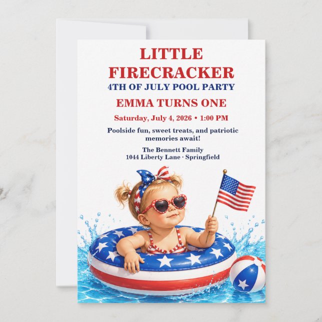 Invitación Cumpleaños Patriótico de Little Firecracker 1er  (Anverso)