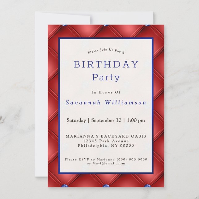 Invitación Cumpleaños Patriótico Rojo Azul Faux Tufted (Anverso)