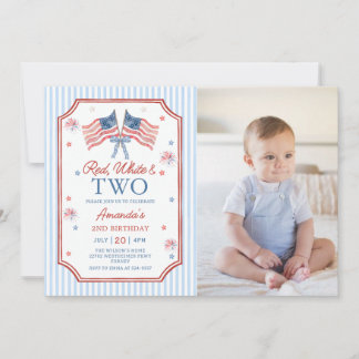 Invitación Cumpleaños Patriótico Rojo Blanco y Dos 4 de Julio