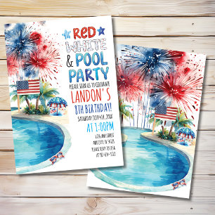 Invitación Cumpleaños Patriótico Rojo, Blanco y Fiesta en la
