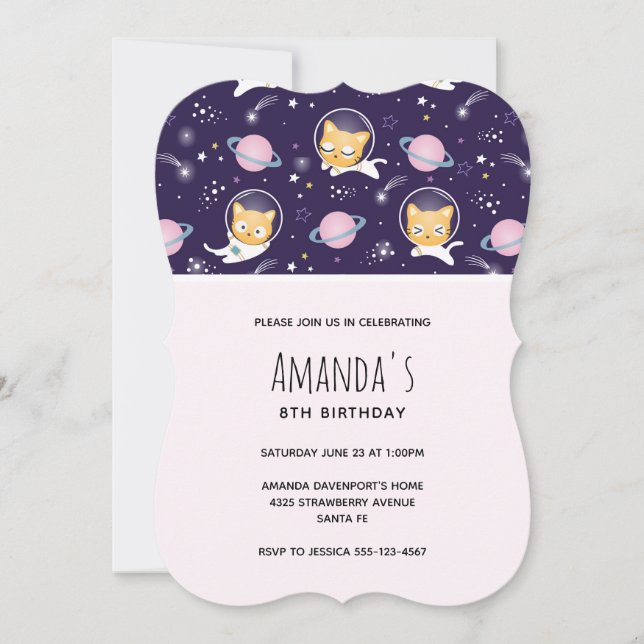 Invitación Cumpleaños Patrón Astronautas Gatito Lindo (Anverso)