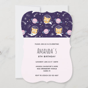 Invitación Cumpleaños Patrón Astronautas Gatito Lindo