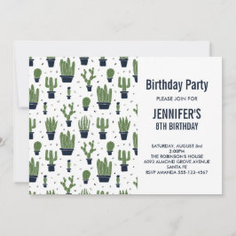 Invitación Cumpleaños Patrón de Cactus Verde Lindo en Macetas