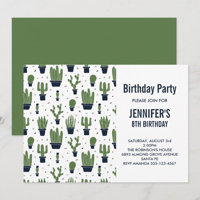 Invitación Cumpleaños Patrón de Cactus Verde Lindo en Macetas (Anverso / Reverso)