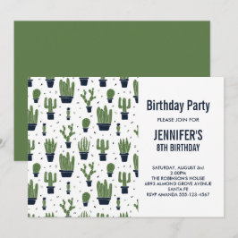 Invitación Cumpleaños Patrón de Cactus Verde Lindo en Macetas