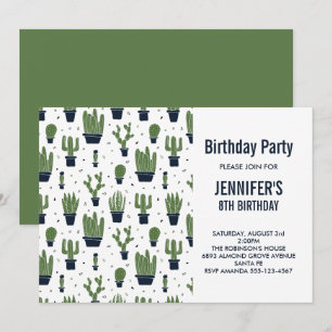 Invitación Cumpleaños Patrón de Cactus Verde Lindo en Macetas