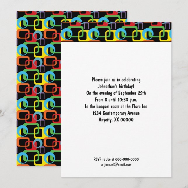 Invitación Cumpleaños Patrón Geométrico Retro Multicolor (Anverso / Reverso)