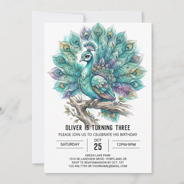 Invitación Cumpleaños Pavo Real Turquesa (Anverso)