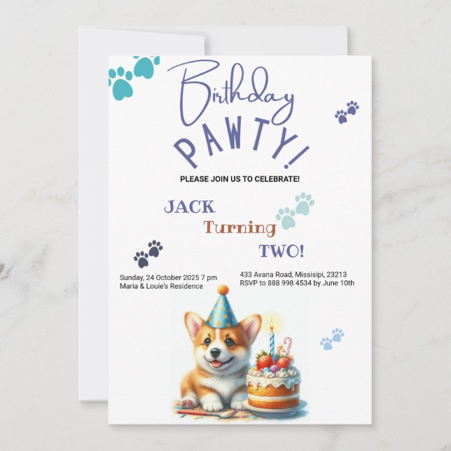 Invitación Cumpleaños Pawty Welsh Corgi Perro Personalizado C (Anverso)