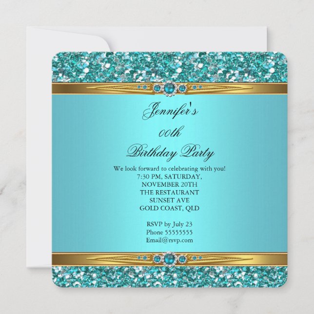 Invitación Cumpleaños Perla Diamante Oro Brillo Verde Azul El (Anverso)