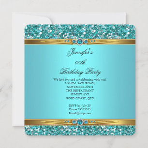 Invitación Cumpleaños Perla Diamante Oro Brillo Verde Azul El