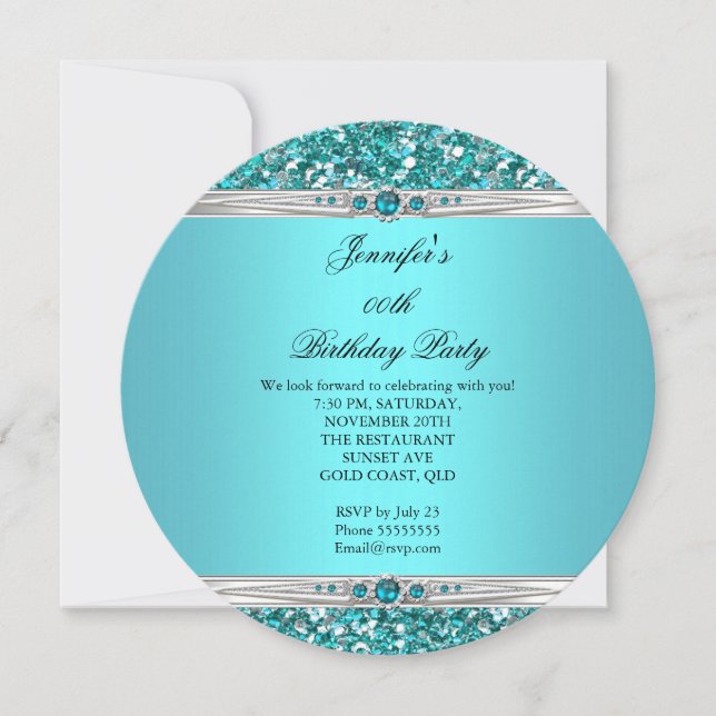 Invitación Cumpleaños Perla Diamante Plata Brillante Turquesa (Anverso)