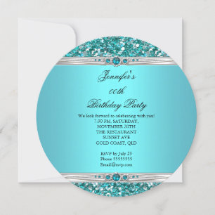 Invitación Cumpleaños Perla Diamante Plata Brillante Turquesa
