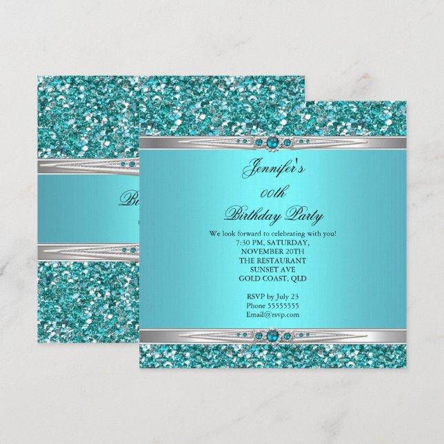 Invitación Cumpleaños Perla Diamante Plata Brillante Turquesa (Anverso / Reverso)