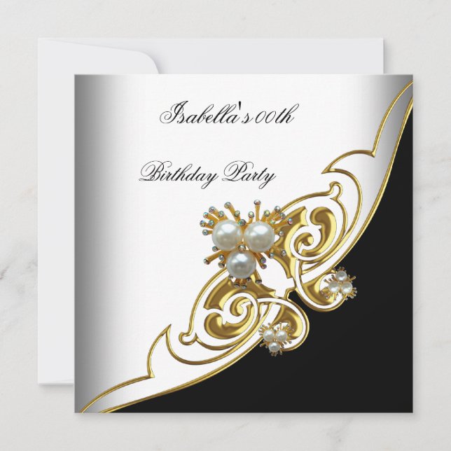 Invitación Cumpleaños Perla Negra Oro Blanco Elegante (Anverso)