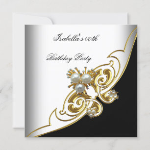 Invitación Cumpleaños Perla Negra Oro Blanco Elegante