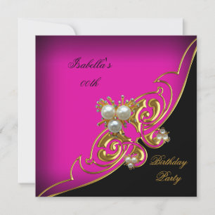 Invitación Cumpleaños Perla Rosa Elegante Blanco Negro Dorado