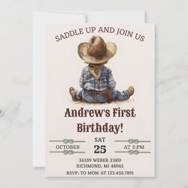 Invitación Cumpleaños personal de Cowboy de Rodeo Primero de  (Anverso)