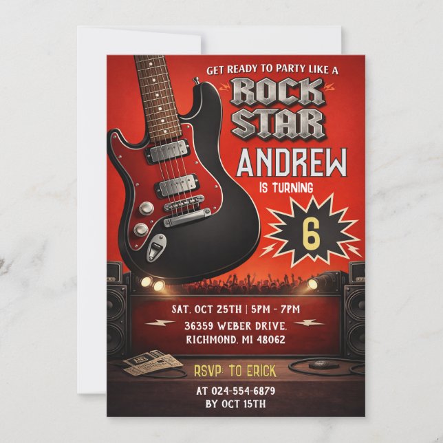 Invitación Cumpleaños Personal de Rock Rojo y Negro (Anverso)