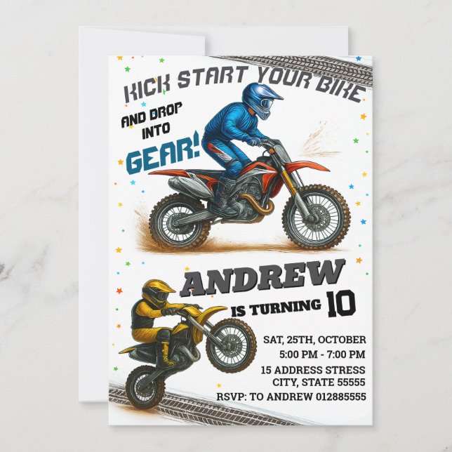 Invitación Cumpleaños personal moderno de Motocross Dirt Moto (Anverso)