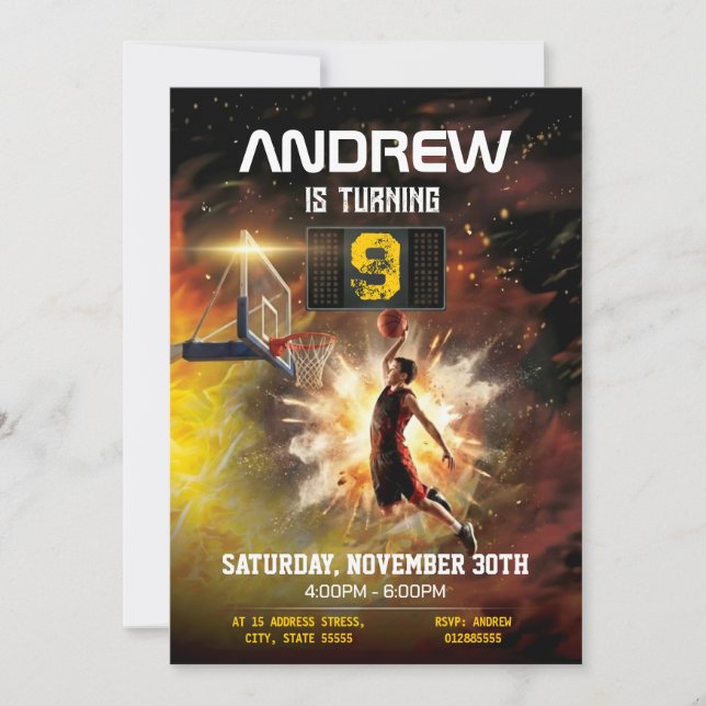 Invitación Cumpleaños Personalizable de Baloncesto Imprimible (Anverso)