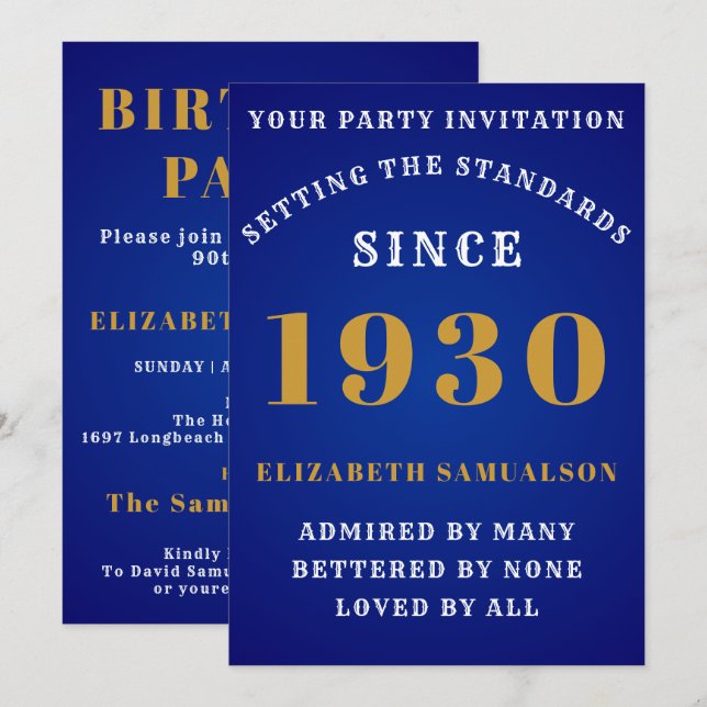 Invitación Cumpleaños Personalizado 1930 Elegante Blue Gold W (Anverso / Reverso)
