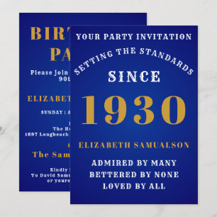 Invitación Cumpleaños Personalizado 1930 Elegante Blue Gold W