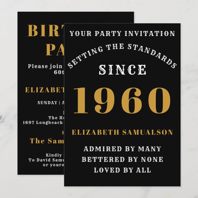 Invitación Cumpleaños Personalizado 1960 Añadir tu nombre neg (Anverso / Reverso)